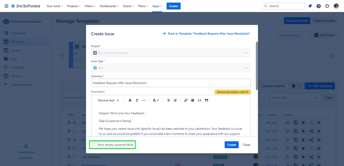 A screenshot of an issue creation interface in project management software, where a user is filling out a template for a feedback request after issue resolution, with fields for project, issue type, summary, and description visible.