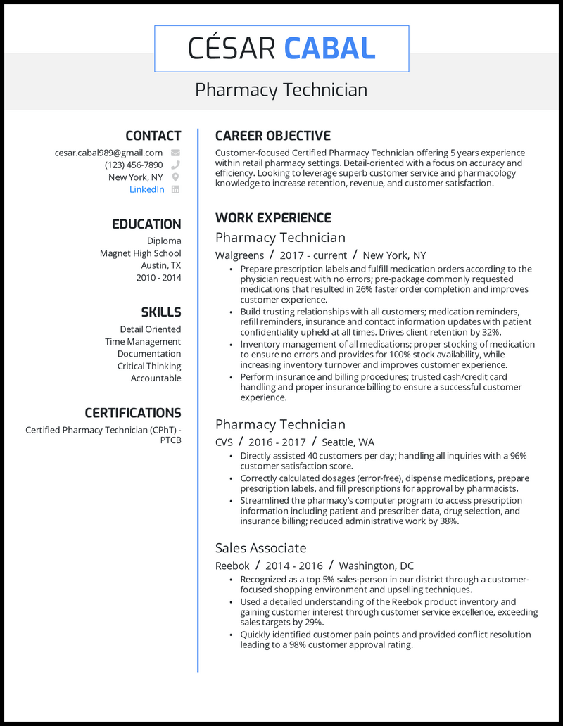 5 Pharmacy Technician Resume Examples For 2021