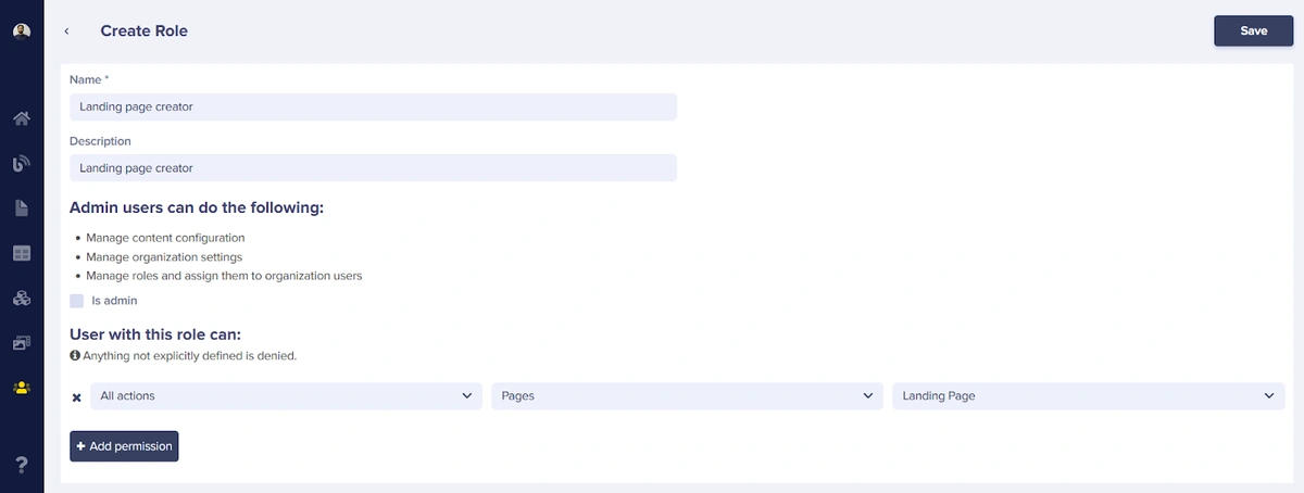 Creating a custom role called "landing page creator"