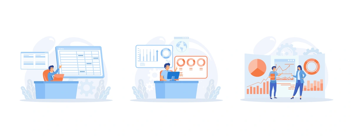 A sequence of workstations with professionals analyzing data, illustrating workflow in a corporate environment