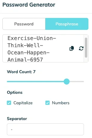 TeamPassword's built-in passphrase generator, fully customizable