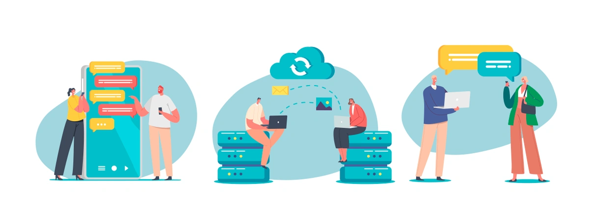 A group of people engaging with database servers and cloud computing, illustrating concepts of data management, networking, and cloud technology.