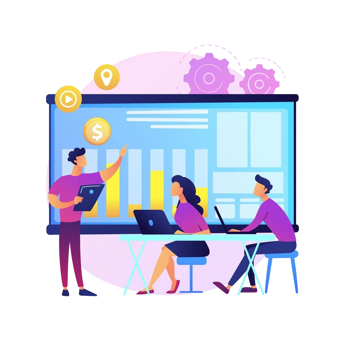 Team analyzing business data and charts on a large screen for strategy and performance planning.
