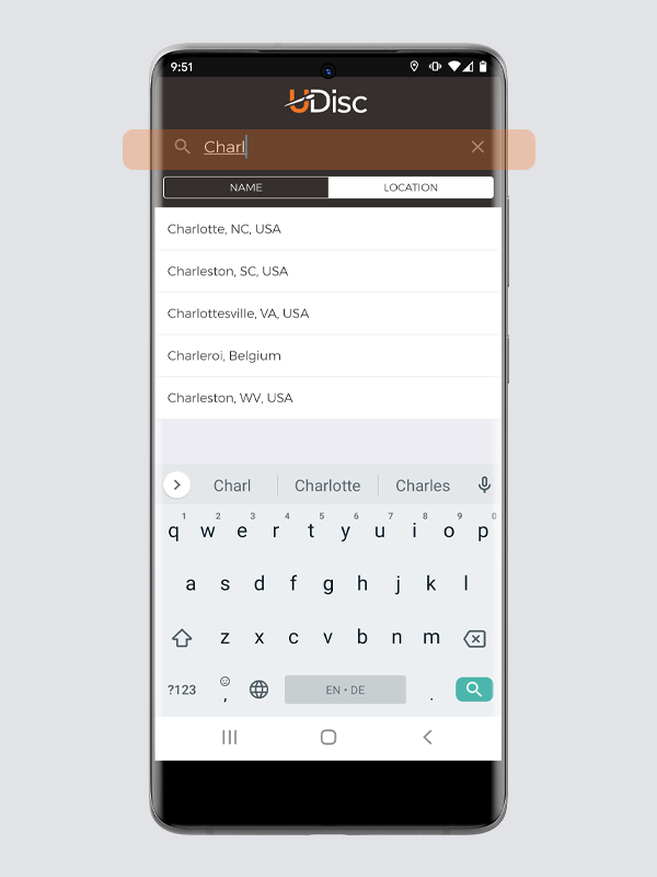 Typing location in events screen of UDisc app
