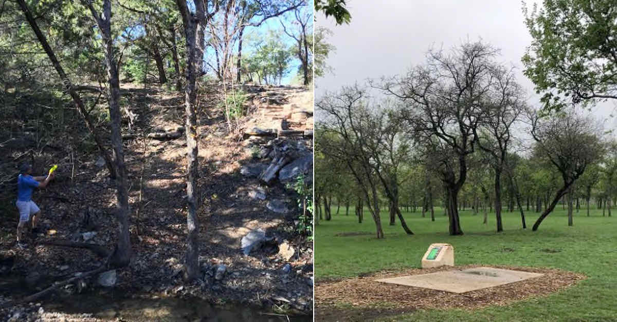Two images, one of a disc golfer throwing up a hill and one of a disc gof tee pad in a flat, grassy area with small trees