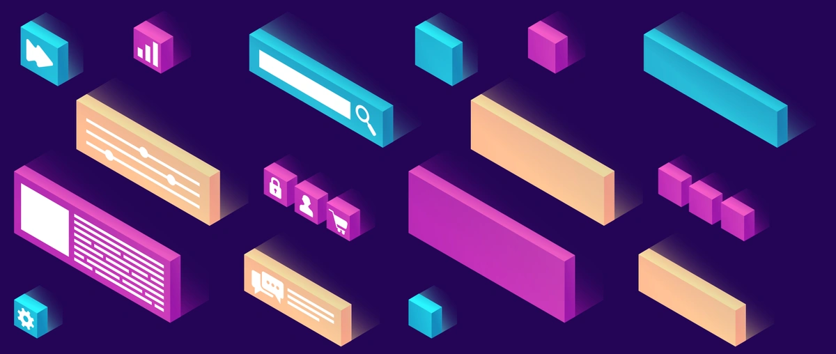 Isometric blocks and panels with icons and text representing digital user interface elements on a dark background.