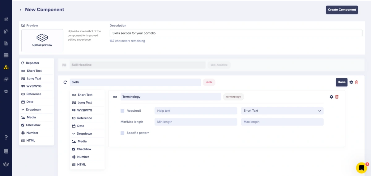 Skills Section component configuration