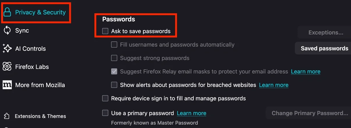 screenshot of where to find Privacy and Security and the Ask to save passwords section