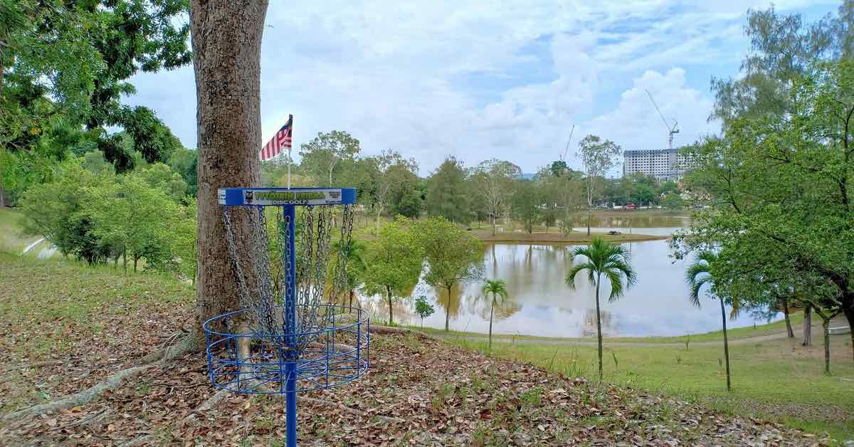 A blue disc golf basket in front of a small lake and palm trees
