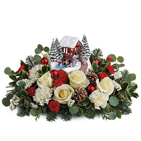 Christmas flowers gift delivery white roses red carnations Thomas Kinkade centerpiece