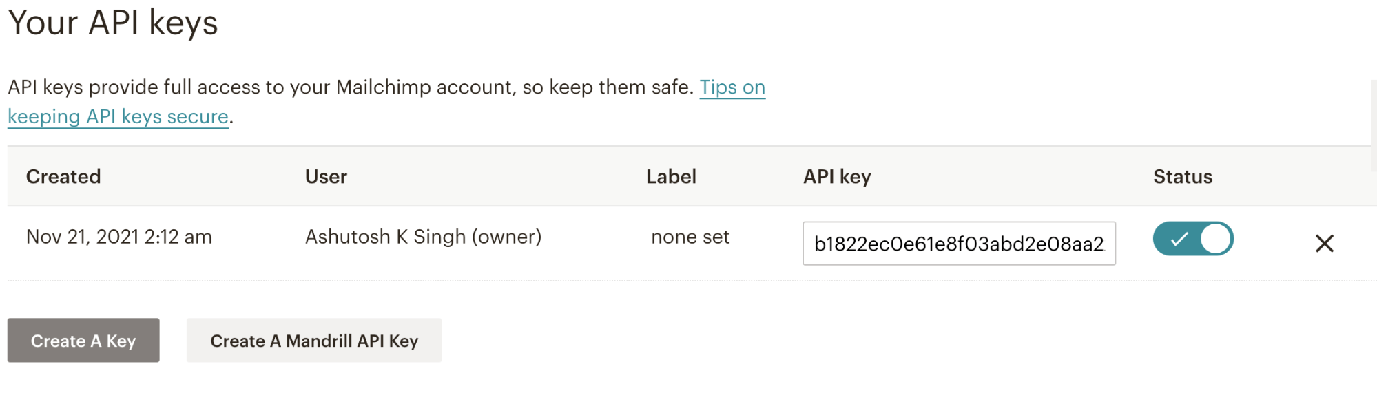 Screenshot: Mailchimp your API keys