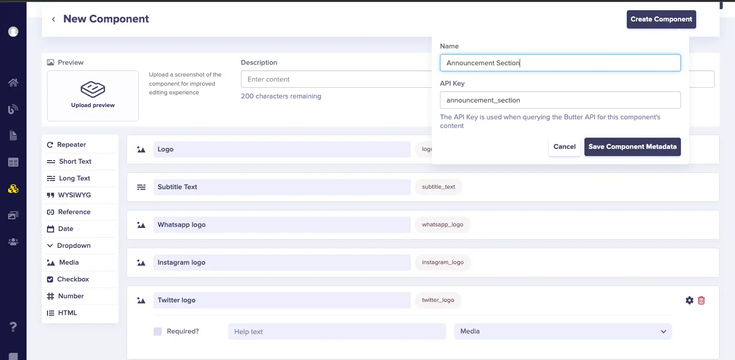 Announcement component configuration and name