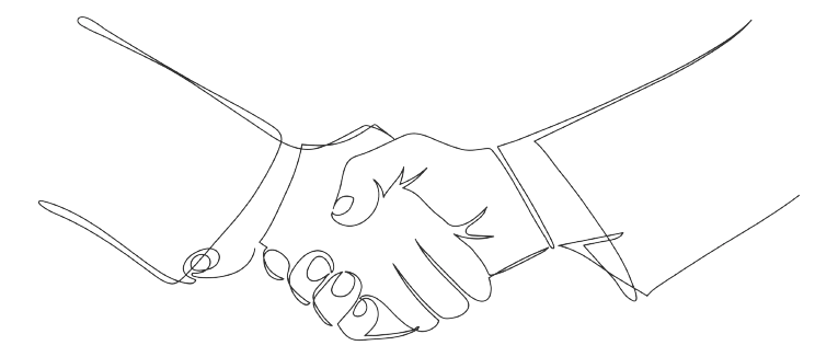 Simplified black and white line drawing of two hands engaged in a firm handshake, signifying agreement, partnership, or greeting.