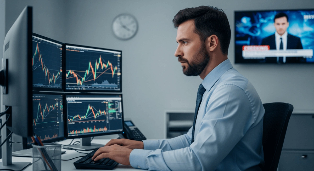 一位穿著淺藍色襯衫和深色領帶的男性交易者，面露嚴肅表情，坐在多個顯示金融圖表和圖形的電腦顯示器前。他正在鍵盤上打字，背景中另一個螢幕顯示著新聞報導。