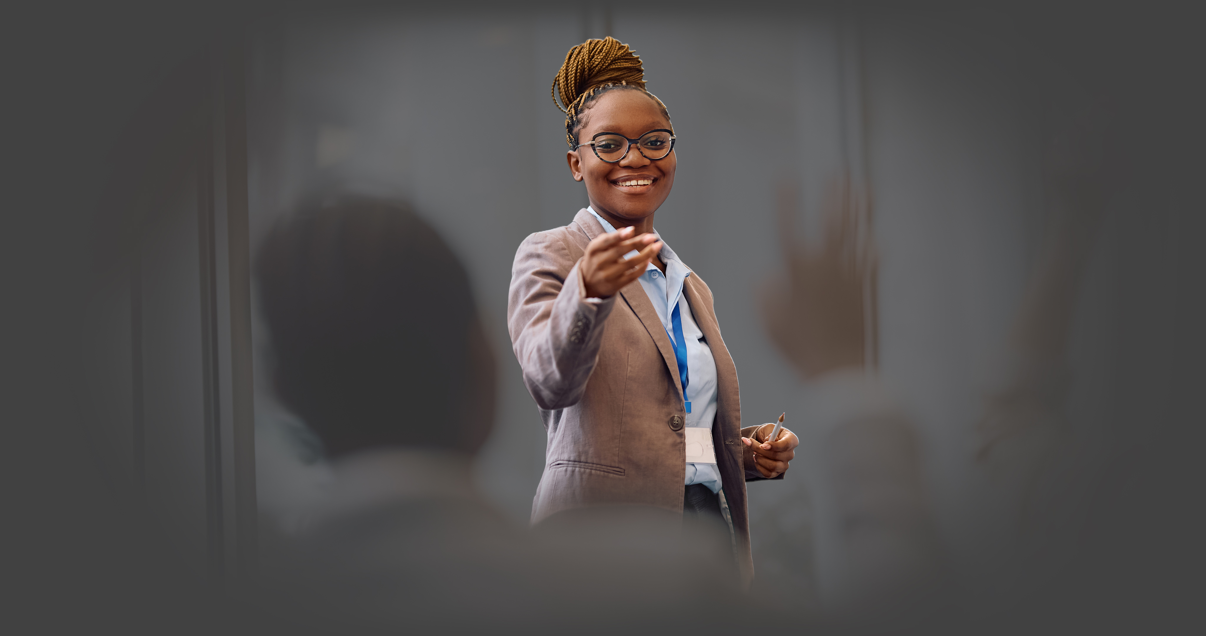 Smiling professional at a conference