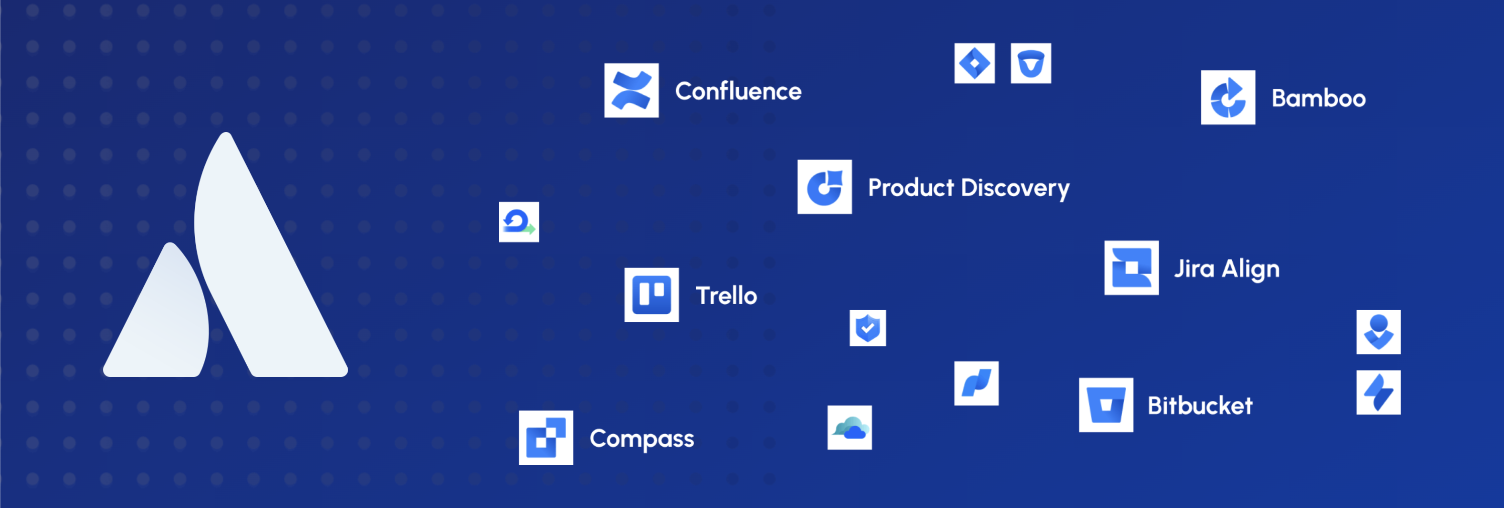 Icons representing various Atlassian products including Confluence, Trello, Jira Align, Bitbucket, and more.