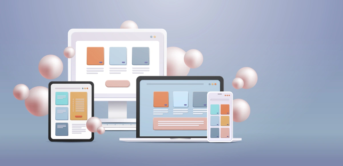 Devices showcase responsive design across a tablet, laptop, and smartphone against an abstract background.