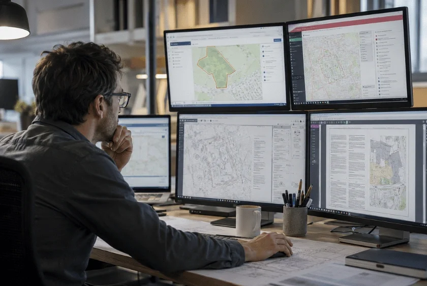 Planning consultant working at a desk with multiple computer screens displaying different mapping systems, planning documents, PDFs and site plans, illustrating the complexity of researching planning information across disconnected sources.