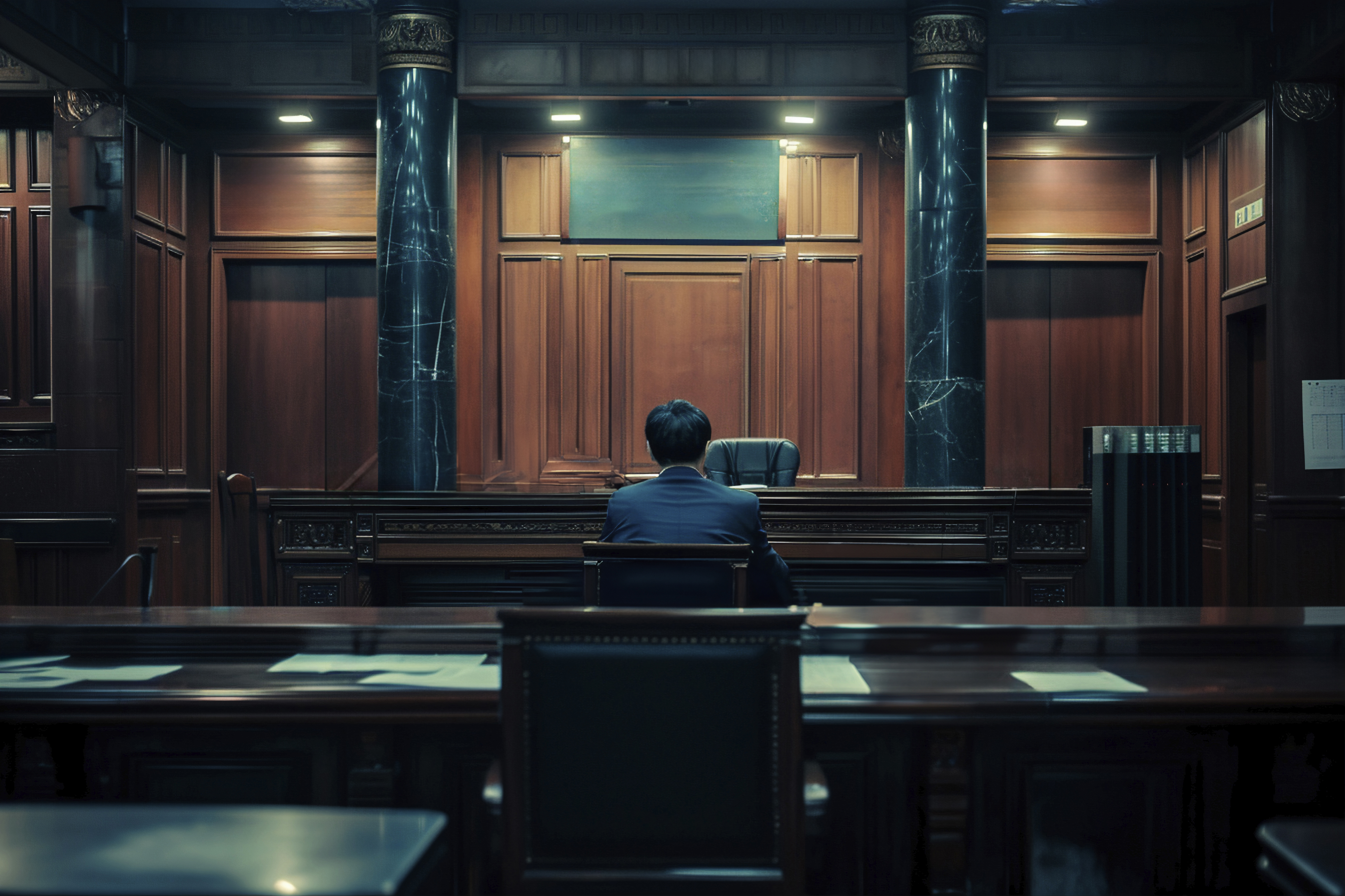 Back view of a lawyer working in an empty courtroom, highlighting the solemnity and seriousness of legal proceedings.