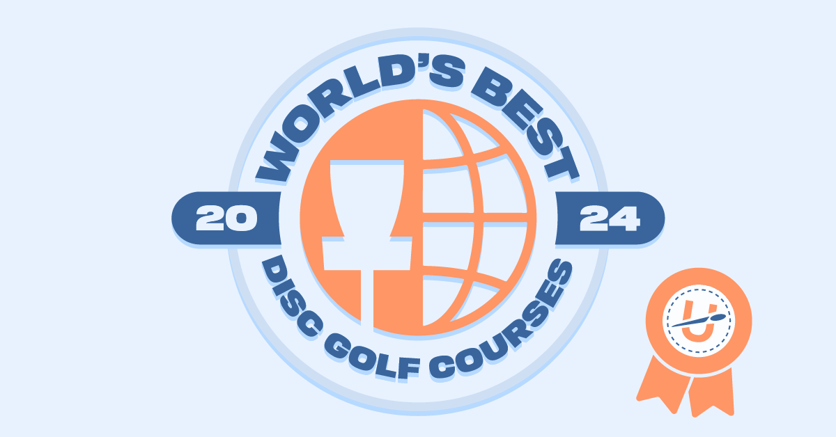 "World's Best Disc Golf Courses 2024" written around a globe-like orange center and an orange prize ribbon to the right