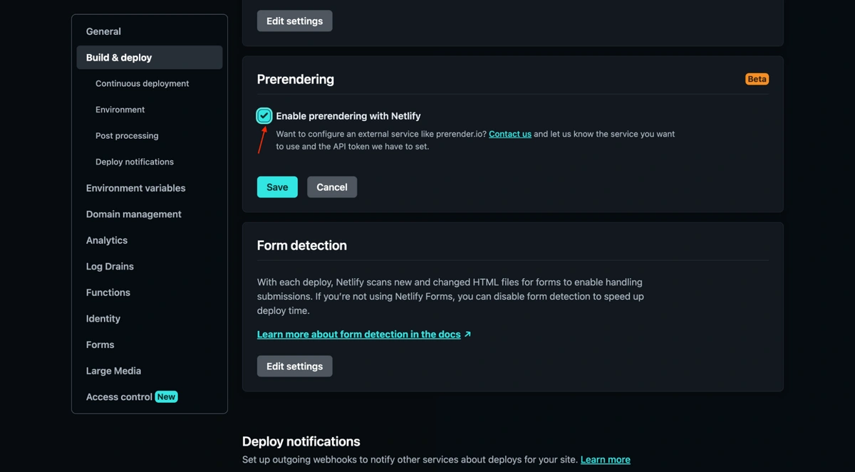 Select Enable prerendering with Netlify