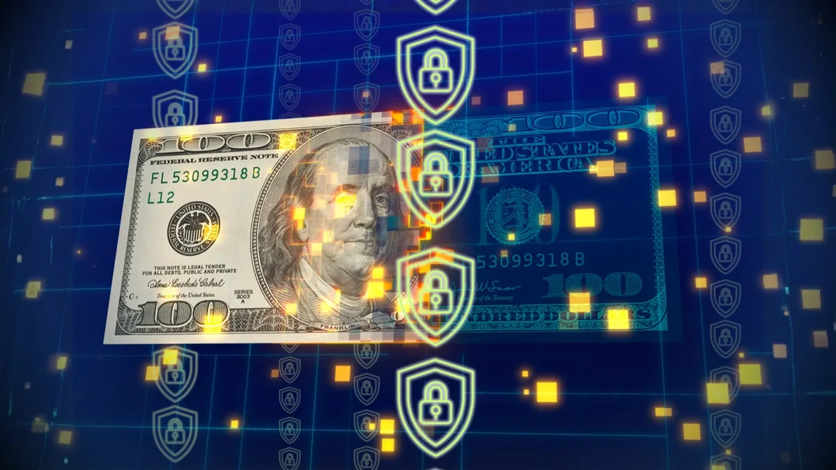 A financial data security operations center with portfolio dashboards and cybersecurity monitoring screens.