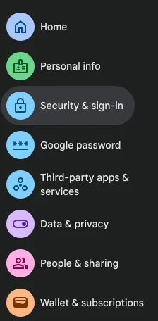 screenshot of where to find "Security and sign-in" in your google account