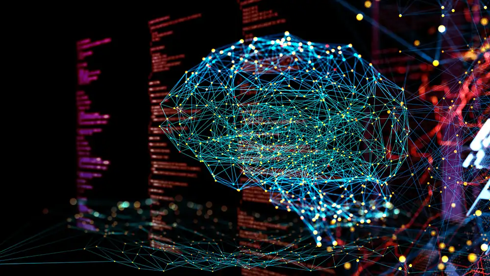 digital brain on colorful code background