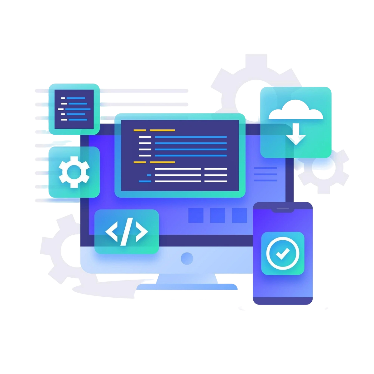 Abstract image of a computer, mobile device, and cloud icons representing developer tools and automation.