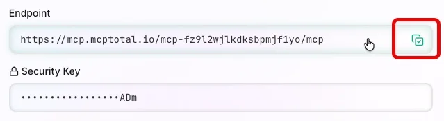 Snippet shows the endpoint and security key fields with a mouse hovering over the endpoint field and the copy icon highlighted.