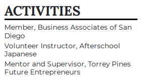 Activities for business developer resume