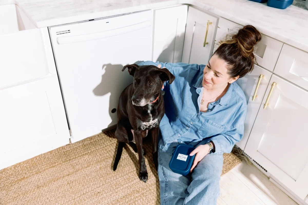 A happy dog with its ears up, licking its lips