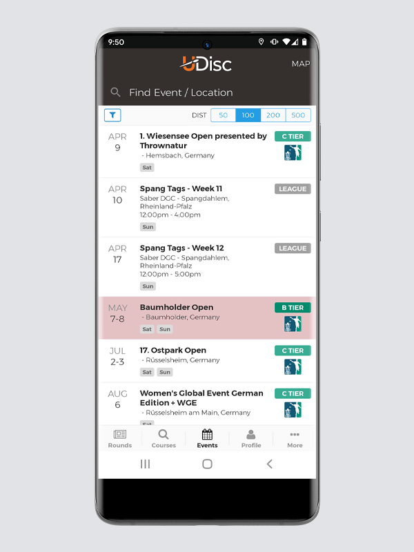 Events screen in UDisc app