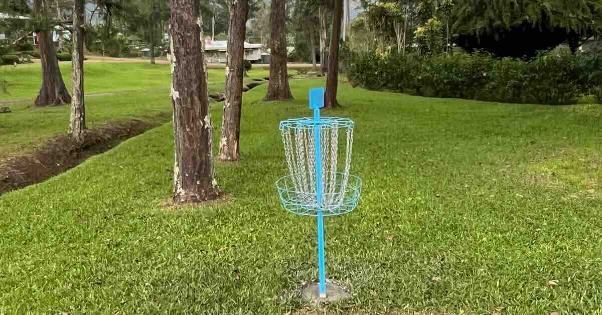 A blue disc golf basket in a mowed area with scattered trees