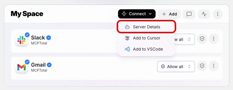 A space tile shows the connect menu open and the server details option highlighted.