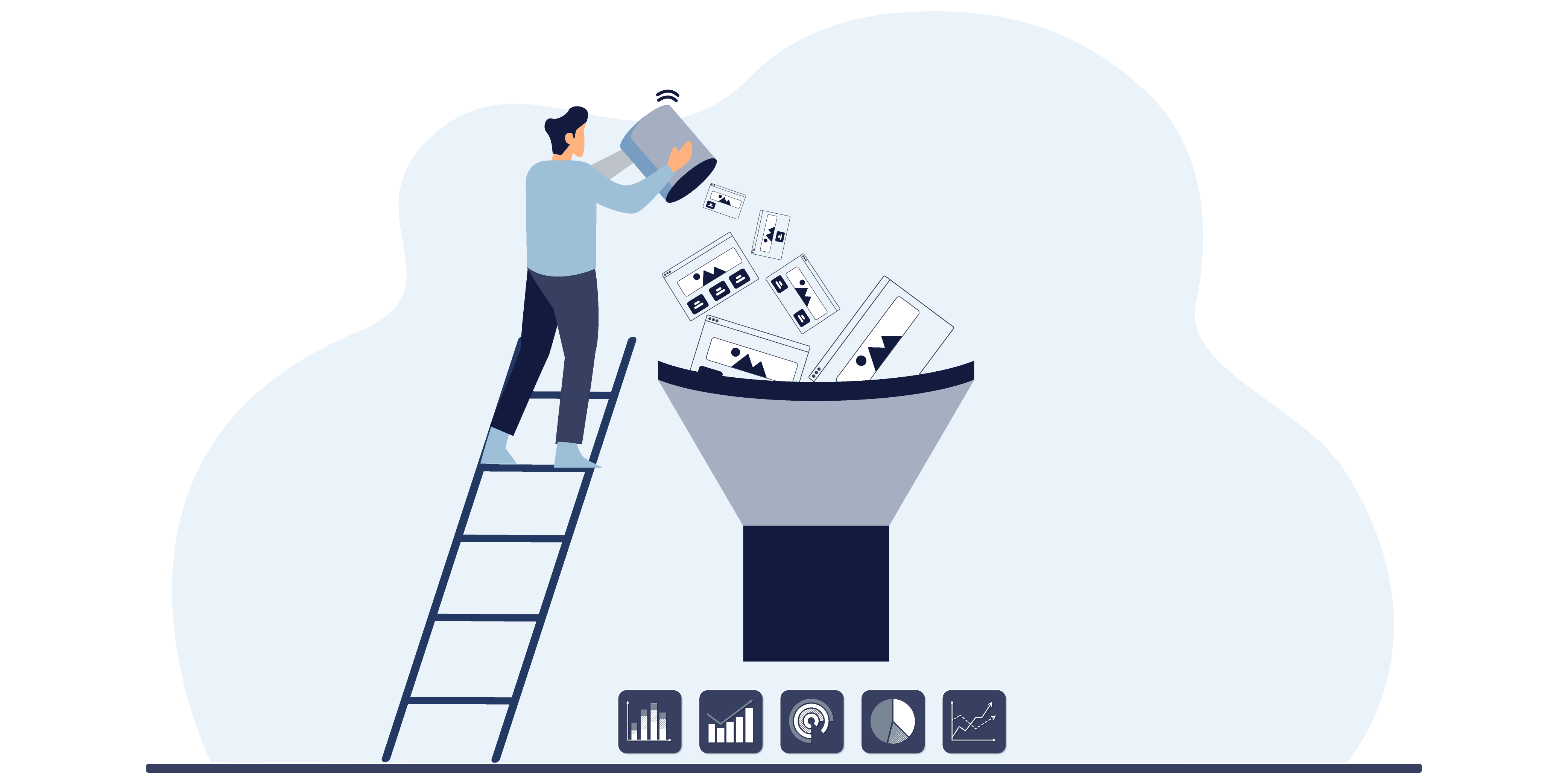 Illustration: A man pouring webpages into a funnel that turns them into data.