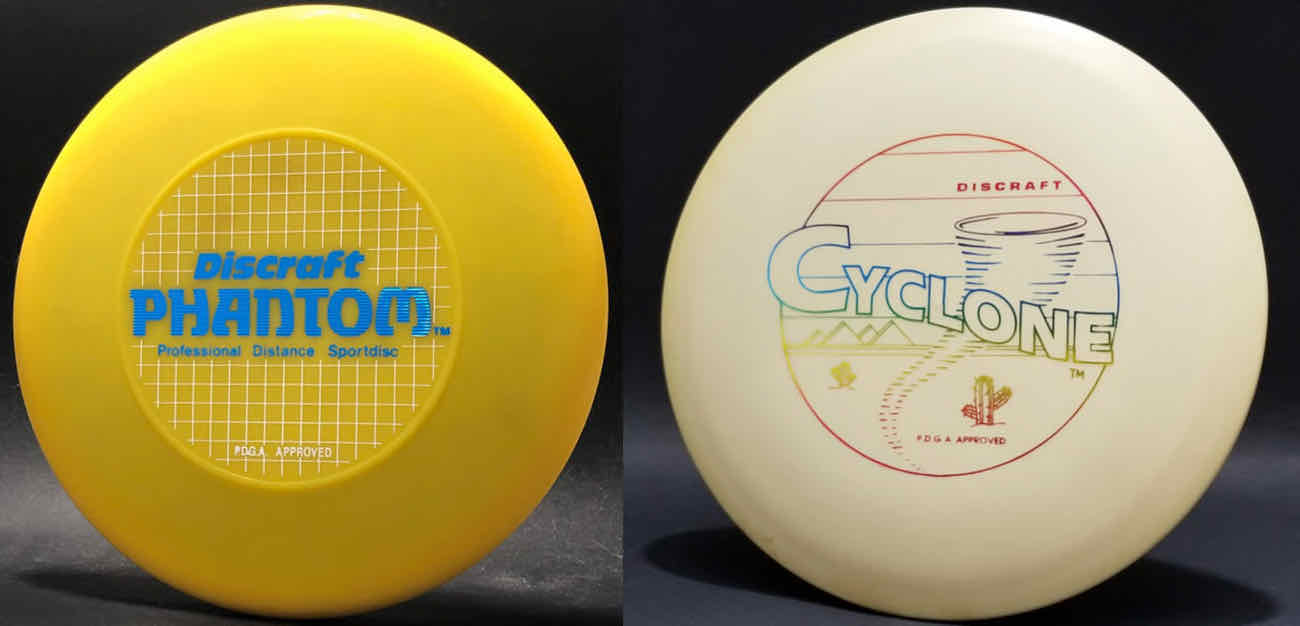 Two old disc golf discs in great condition, one yellow and one white