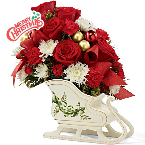 Christmas flowers gift delivery red roses flower sleigh bouquet