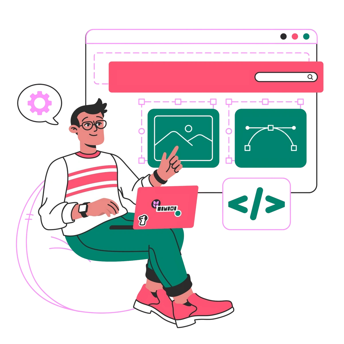 Developer creating a website interface with images, design tools, and code elements.