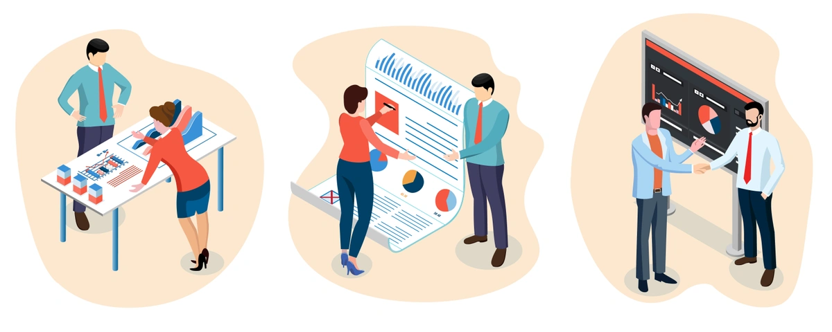 Three isometric illustrations depicting business scenarios: a woman analyzing a graph on a computer, a team discussing over a chart on a board, and two men reviewing a financial dashboard.