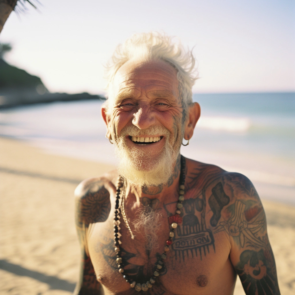 tattooed old man at the beach