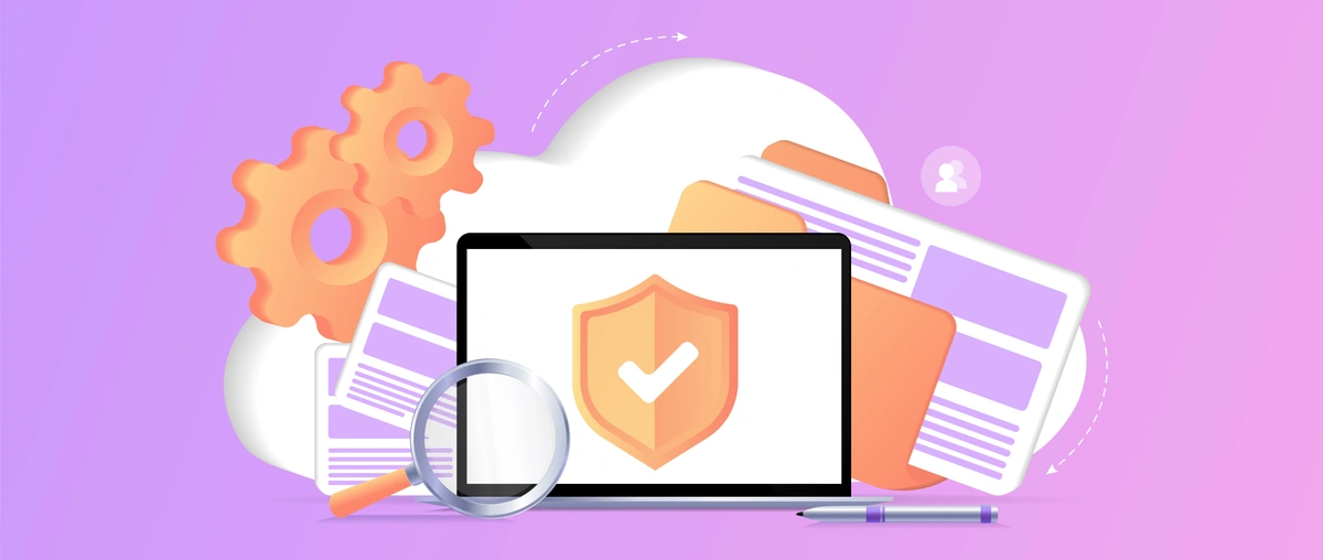 A digital collage featuring a laptop with a shield on the screen, magnifying glass, and documents, symbolizing online security and data protection, against a purple background.