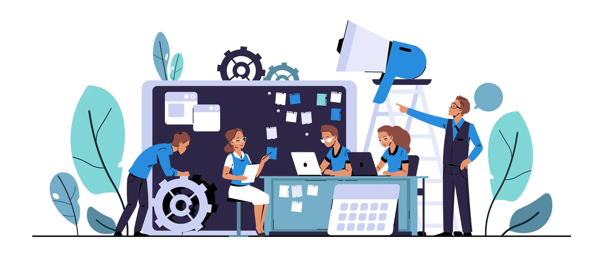 A dynamic illustration of a team collaborating around a large computer monitor, with one member holding a megaphone and another turning a cogwheel, symbolizing project management and teamwork.