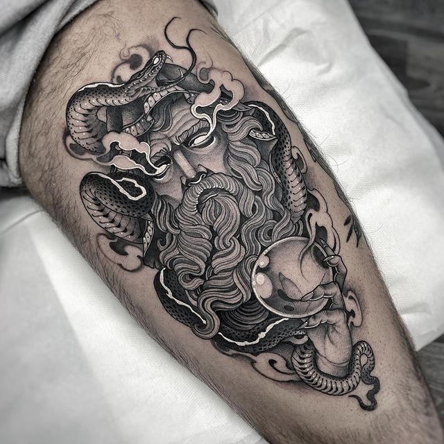black and grey wizard tattoo by jean le roux