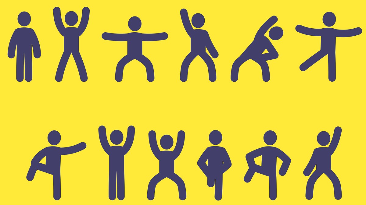 Blue stick figures on yellow background doing various stretching and excercise movements