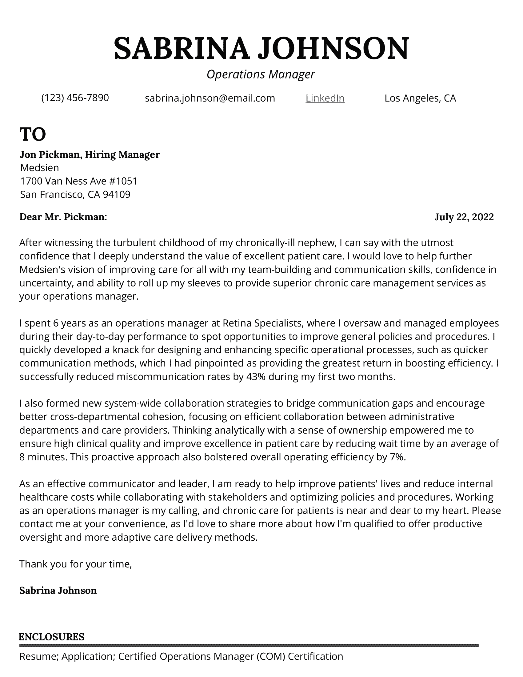 Operations manager cover letter example