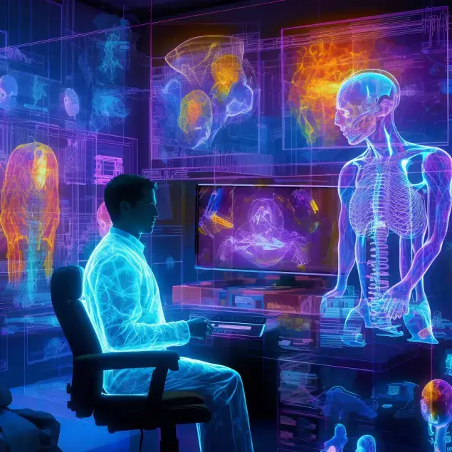 Subject: EMR software revolutionizing care Medium: Digital artwork Environment: Futuristic setting Lighting: Neon lights Color: Vibrant and monochromatic Mood: Energetic and dynamic Composition: Abstract representation of interconnected data with glo