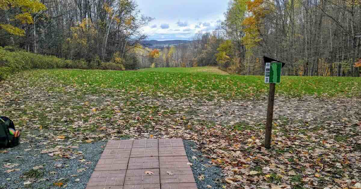 A paver disc golf tee pad with a view of mountains