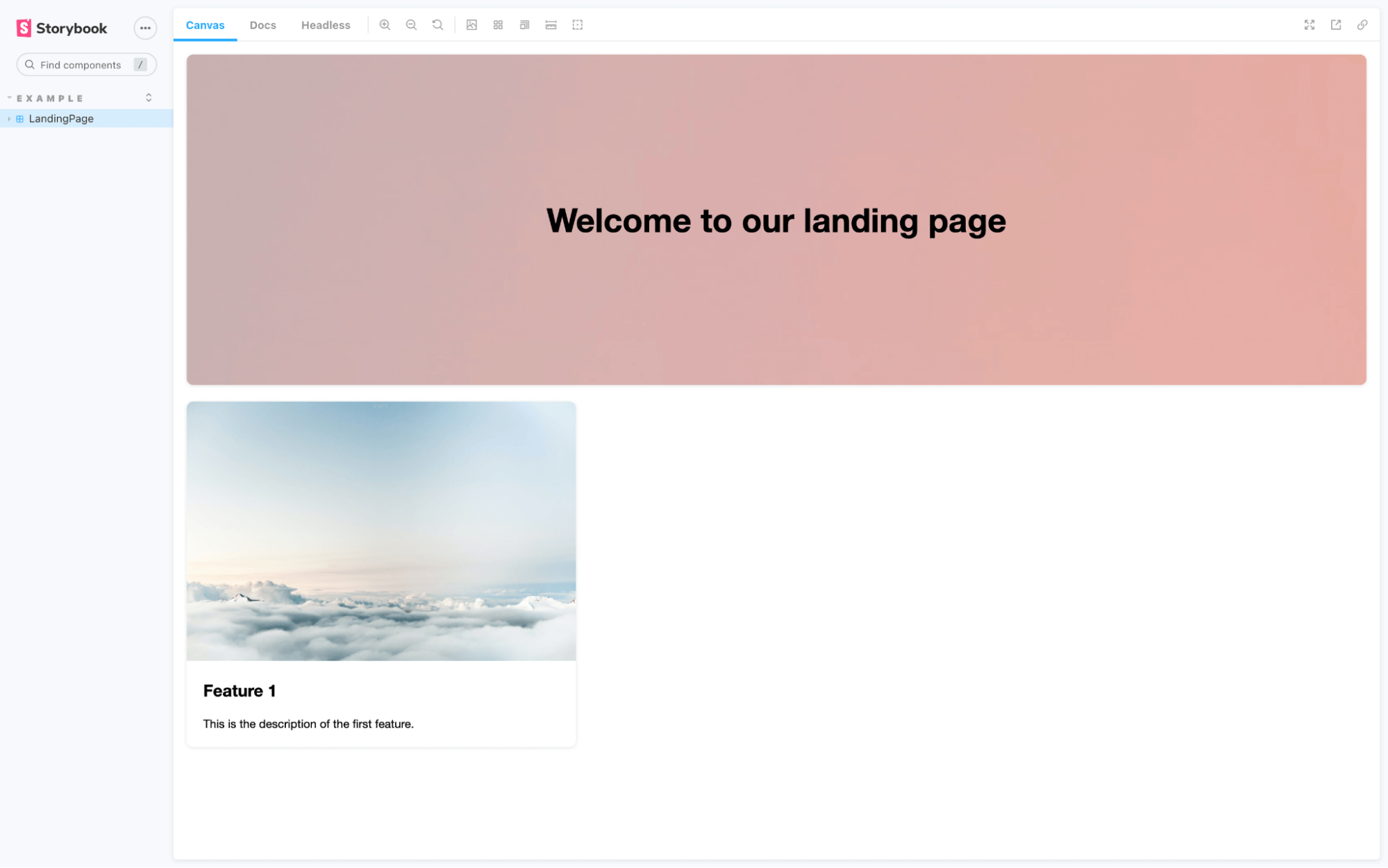 Rendered landing page in Storybook interface