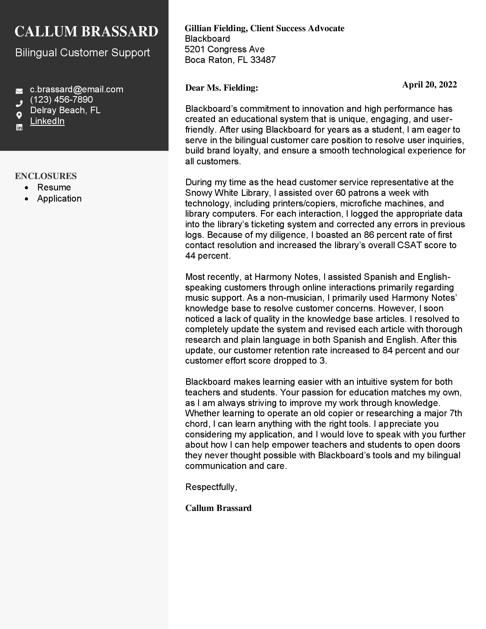 Bilingual customer support cover letter with black contact header